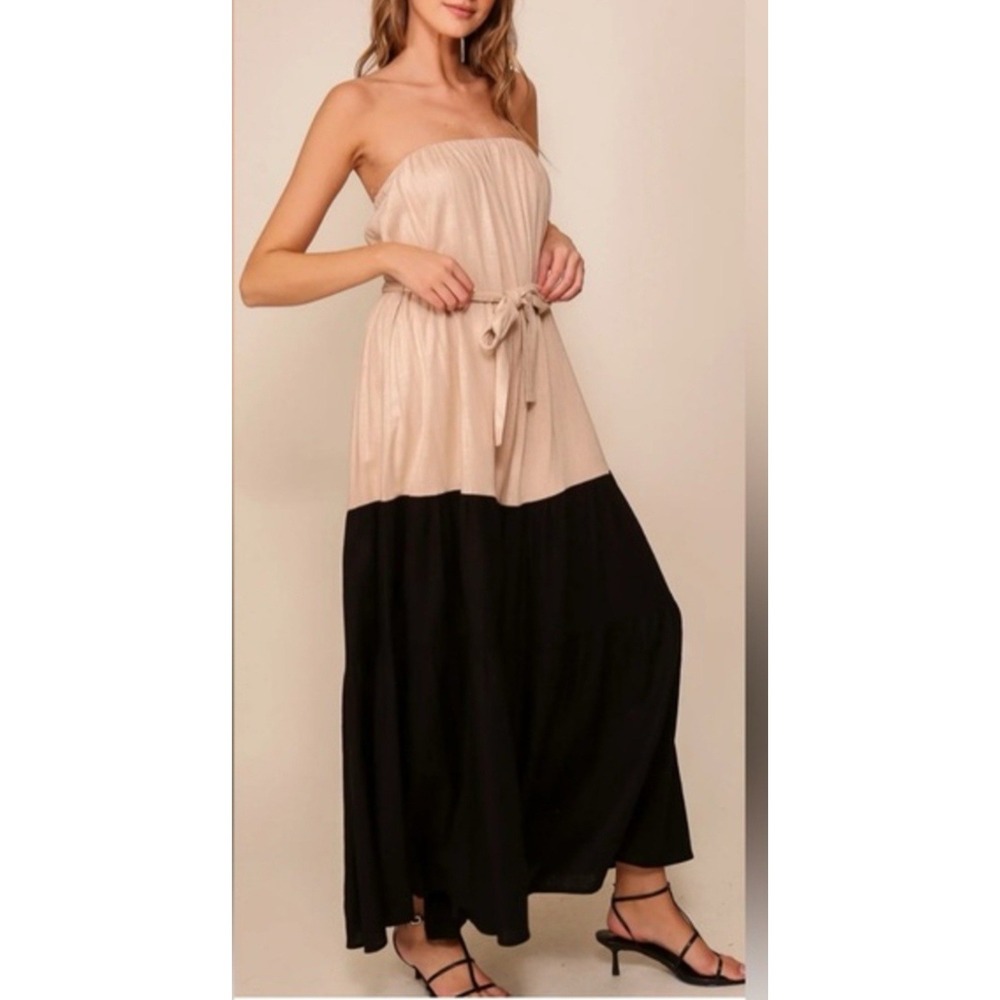 Lumiere Linen Blend Color block Maxi Dress Belted Size Small Black Tan